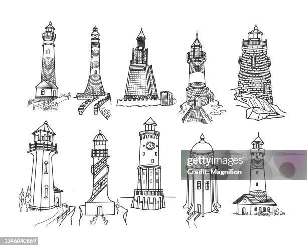 doodle lighthouse set - light house line drawing stock illustrations