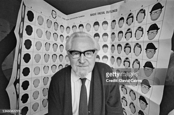 Jacques Penry, inventor of the Photo-Fit, with his diagram of basic facial outlines, UK, 15th May 1973.