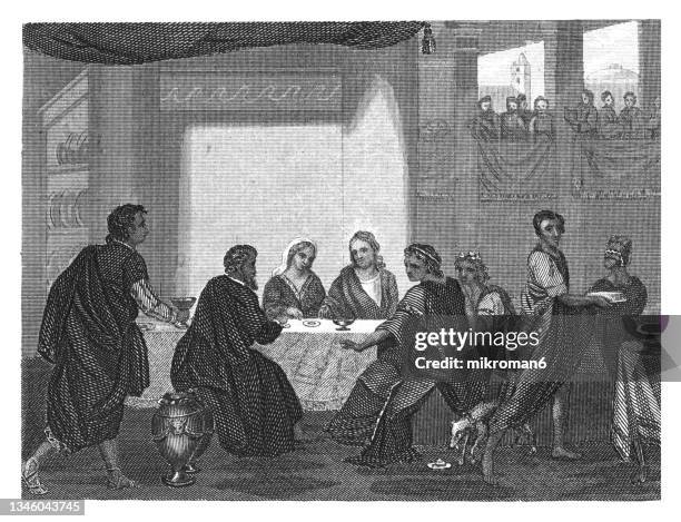 old engraved illustration of the marriage at cana - social history fotografías e imágenes de stock