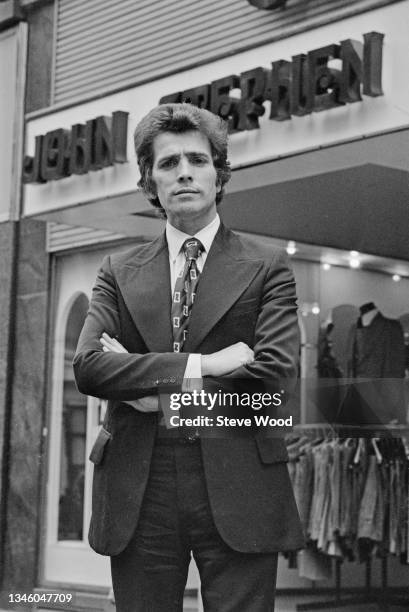 British men's fashion retailer John Stephen , aka 'The King of Carnaby Street', outside his 'His 'N' Hers' store in central London, UK, 8th June 1973.