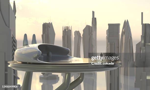 businessman on top of a futuristic building - helikopterplatform stockfoto's en -beelden