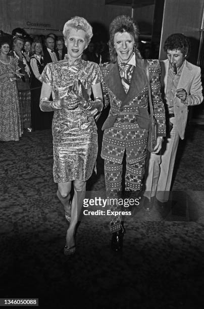 English singer David Bowie with his wife Angie Bowie at the premiere of the James Bond film 'Live and Let Die' in London, UK, 5th July 1973.