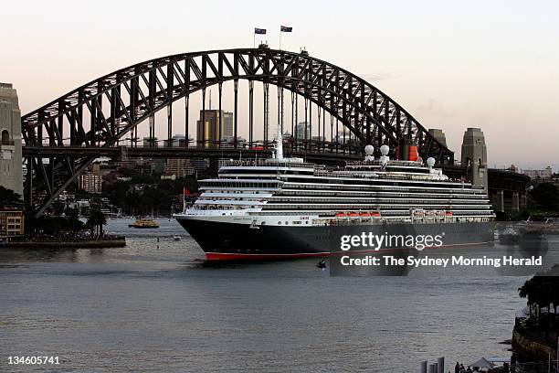 The Cunard passenger liner Queen Victoria arrives at the International Passenger Terminal at Circular Quay at dawn, on its maiden voyage to Sydney....