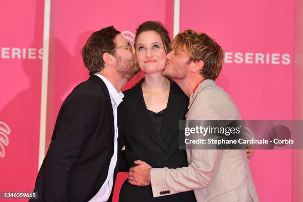 Sven Bohse, Dominique Davenport and Jannik Schumann attend the 4th Canneseries Festival - Day Four on October 11, 2021 in Cannes, France.