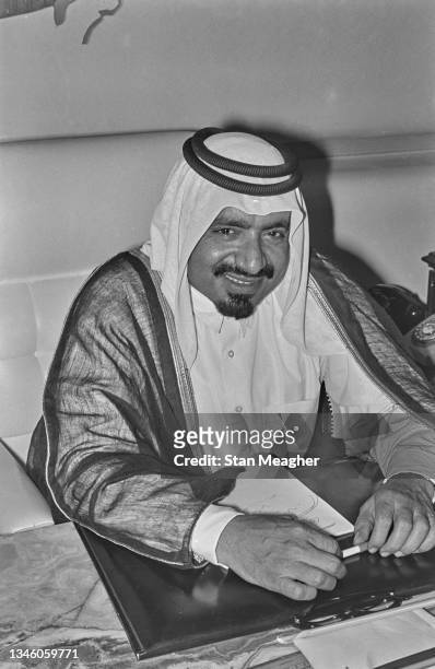 Sheikh Khalifa bin Hamad Al Thani , the Emir of Qatar, attends a conference for members of OPEC in Kuwait to discuss the oil crisis, 15th June 1973.