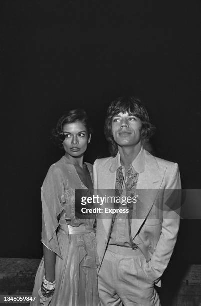 British singer Mick Jagger and his wife Bianca Jagger at a promotional party for the Rolling Stones album Goats Head Soup at Blenheim Palace,...