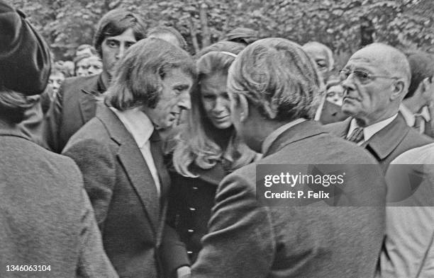 Scottish racing driver Jackie Stewart and his wife Helen at the funeral of French driver François Cevert at St Pierre de Neuilly Church in Paris,...