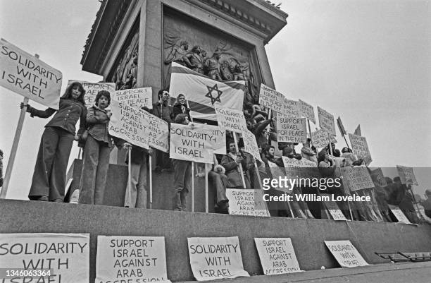 Jewish demonstration of solidarity with Israel against 'Arab aggression' at Trafalgar Square in London, UK, during the Yom Kippur War, or 1973...