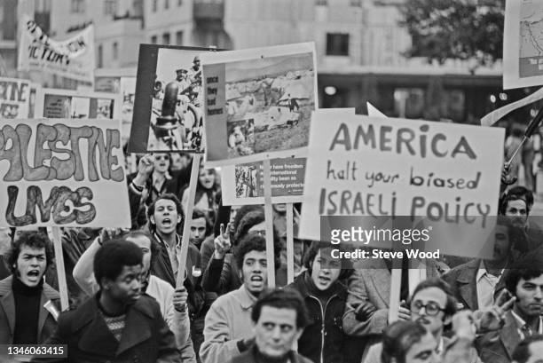 Demonstration in London showing support for the Arab states during the Yom Kippur War, or 1973 Arab-Israeli War, UK, 14th October 1973. One placard...