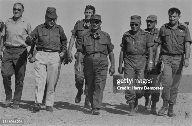 Israeli Defense Minister Moshe Dayan at the battlefront during the Yom Kippur War around the Sinai Peninsula and Golan Heights, October 1973.