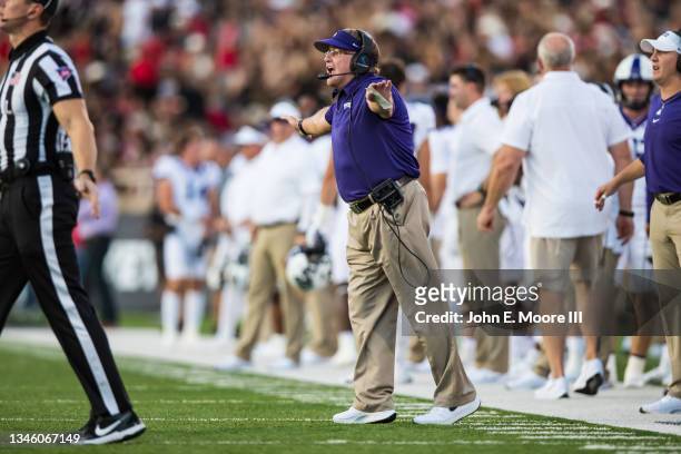 Head coach Gary Patterson of the TCU Horned Frogs shouts instructions during the first half of the college football game against the Texas Tech Red...