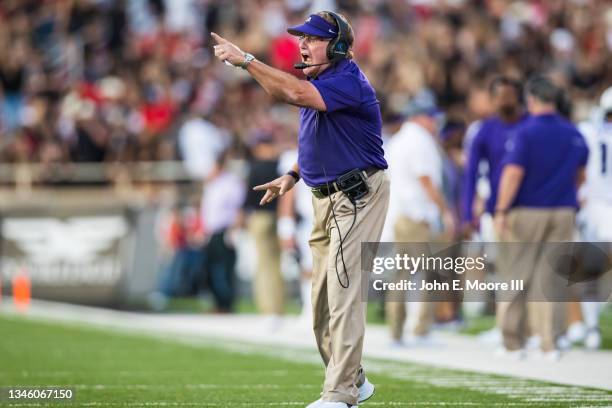 Head coach Gary Patterson of the TCU Horned Frogs shouts instructions during the first half of the college football game against the Texas Tech Red...