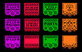 Papel picado. Day of the Dead. Dia de los muertos. vector with traditional mexican paper cut flags. space to write. Isolated on a black background. eps 10