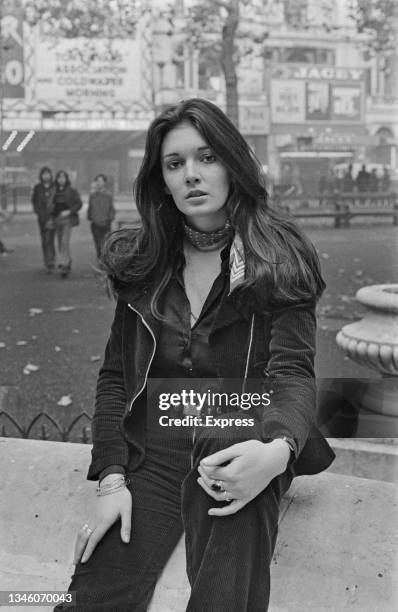 British actress Sarah Douglas in Leicester Square, London, UK, November 1973.