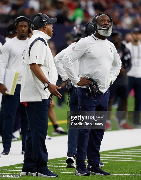 Head coach David Culley of the Houston Texans and defensive coordinator Lovie Smith in the fourth quarter against the New England Patriots at NRG...