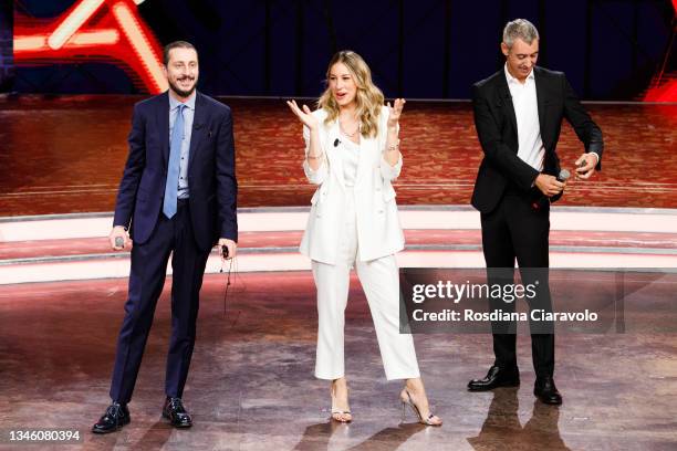 Luca Bizzarri, Mia Ceran and Paolo Kessisoglu attend "Quelli Che Il Lunedì" Tv Show at Rai Milan Studios on October 11, 2021 in Milan, Italy.