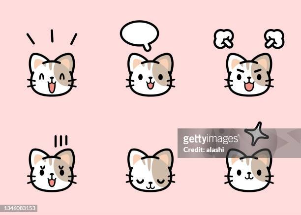 ilustrações, clipart, desenhos animados e ícones de ícone de gato doce com seis express�ões faciais em tons pastéis coloridos - rosto antropomórfico