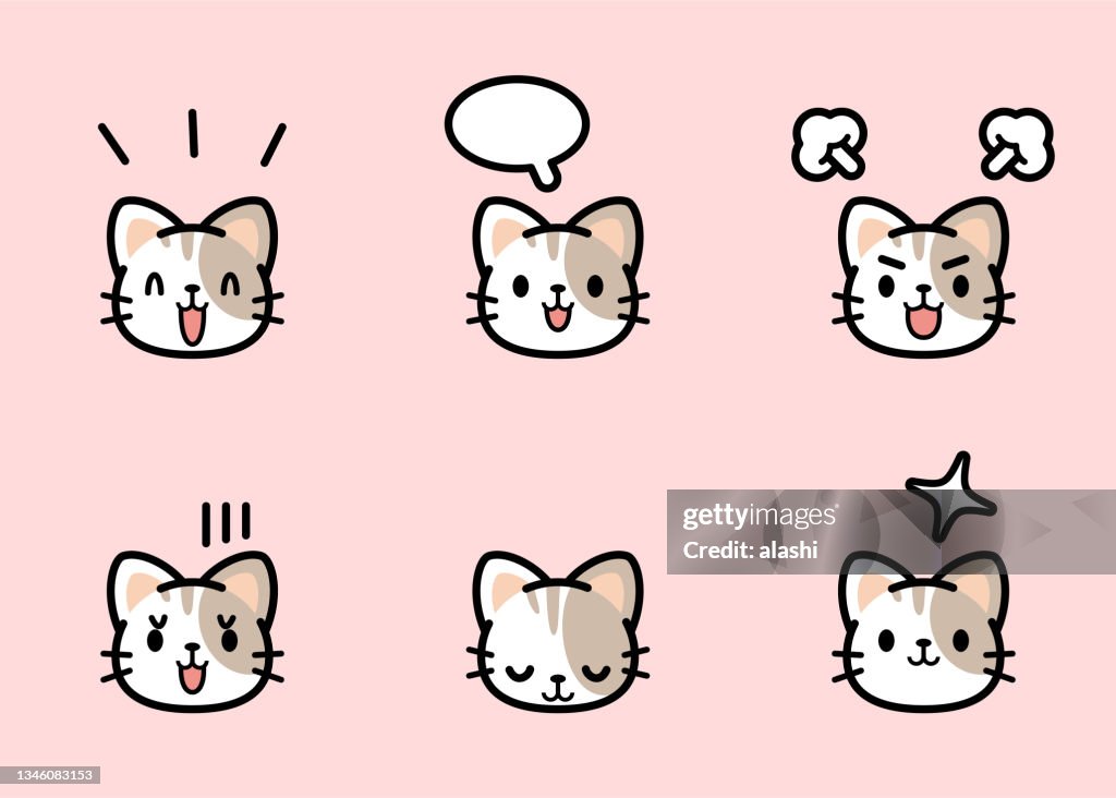 Sweet Little Cat Icon Set With Six Facial Expressions In Color