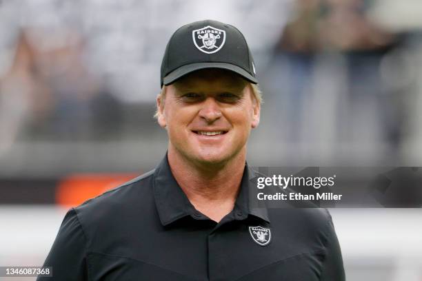 Head coach John Gruden of the Las Vegas Raiders looks on before a game against the Chicago Bears at Allegiant Stadium on October 10, 2021 in Las...