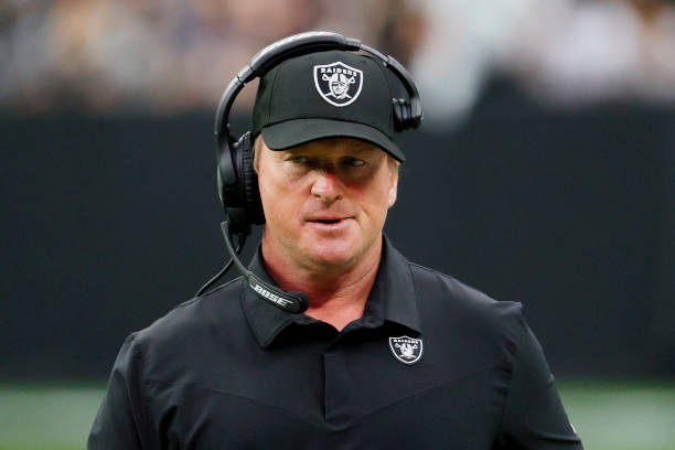 Head coach John Gruden of the Las Vegas Raiders reacts on the sideline during a game against the Chicago Bears at Allegiant Stadium on October 10,...