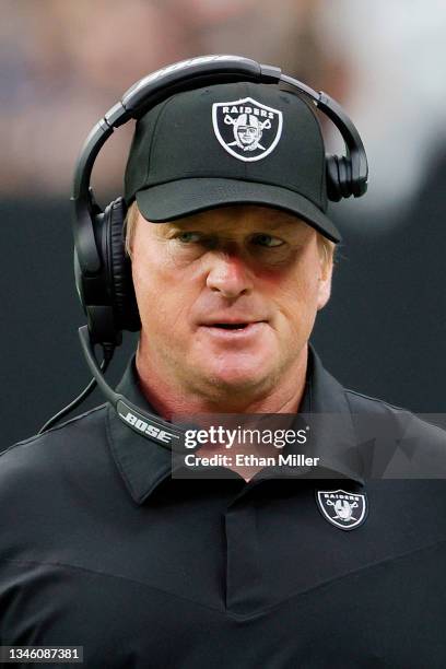 Head coach John Gruden of the Las Vegas Raiders reacts on the sideline during a game against the Chicago Bears at Allegiant Stadium on October 10,...