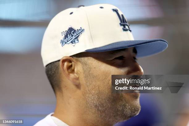 Former Los Angeles Dodgers Andre Ethier looks on before game 3 of the National League Division Series between the Los Angeles Dodgers and the San...