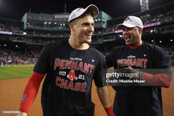 Enrique Hernandez of the Boston Red Sox celebrates their 6 to 5 win over the Tampa Bay Rays during Game 4 of the American League Division Series at...