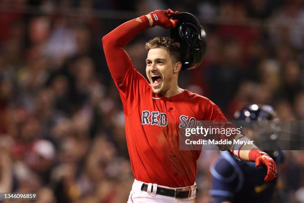 Enrique Hernandez of the Boston Red Sox celebrates his game winning sacrifice fly in the ninth inning against the Tampa Bay Rays during Game 4 of the...