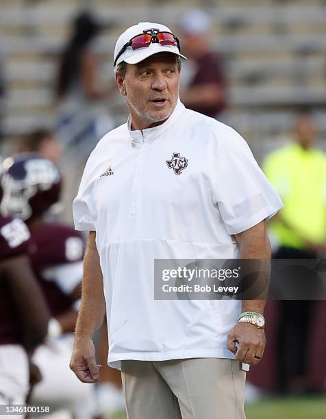 Head coach Jimbo Fisher of the Texas A&M Aggies during pregame warmups before playing the Alabama Crimson Tide at Kyle Field on October 09, 2021 in...