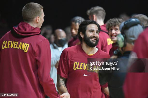 Ricky Rubio of the Cleveland Cavaliers celebrates with teammates during player introductions prior to the game against the Chicago Bulls at Rocket...