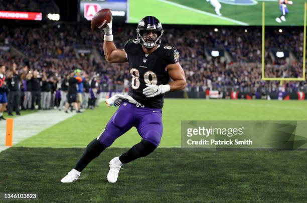 Mark Andrews of the Baltimore Ravens scores a touchdown during the fourth quarter in a game against the Indianapolis Colts at M&T Bank Stadium on...