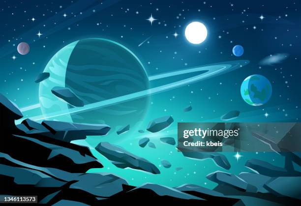 asteroids and gas giant - empty space stock illustrations