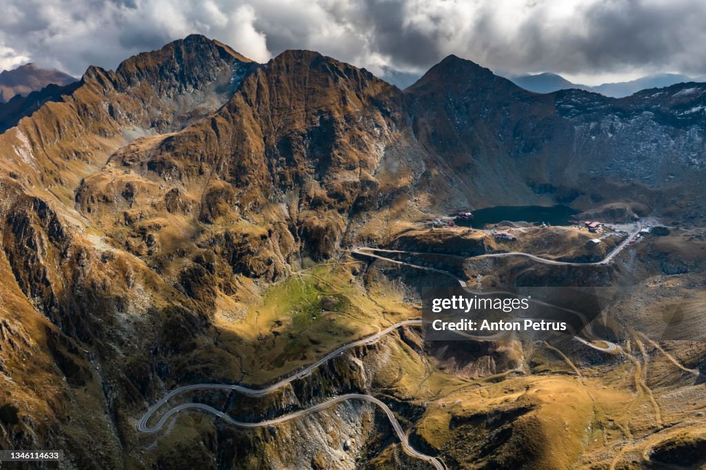 Aerial view of the famous Transfagarash highway, Romania. Mountain road and beautiful landscape