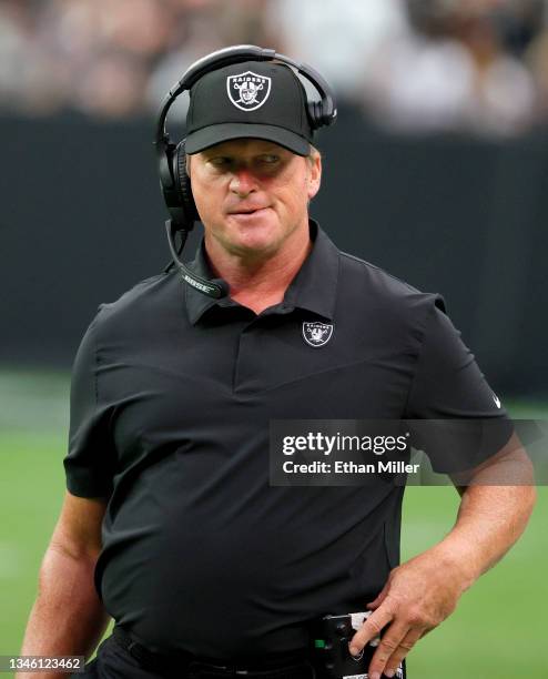 Head coach Jon Gruden of the Las Vegas Raiders reacts during a game against the Chicago Bears at Allegiant Stadium on October 10, 2021 in Las Vegas,...