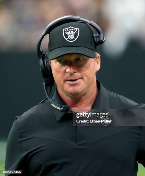 Head coach Jon Gruden of the Las Vegas Raiders reacts during a game against the Chicago Bears at Allegiant Stadium on October 10, 2021 in Las Vegas,...