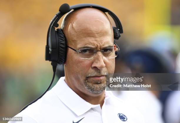 Head coach James Franklin of the Penn State Nittany Lions during the second half against the Iowa Hawkeyes at Kinnick Stadium on October 9, 2021 in...