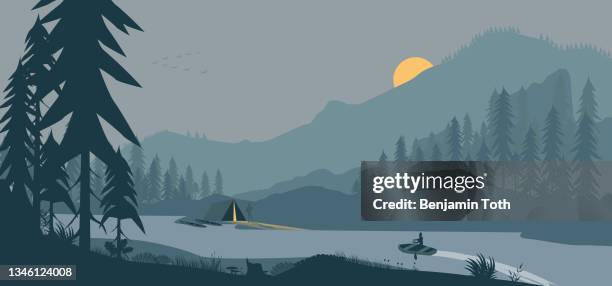 illuminated tent and boat rowing at the mountains near a river - rowboat stock illustrations