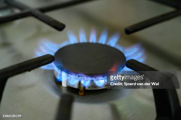 Photo illustration of a gas stove burner in a kitchen on October 11,2021 in Zwolle, Overijssel, The Netherland. Energy prices are rising fast over...
