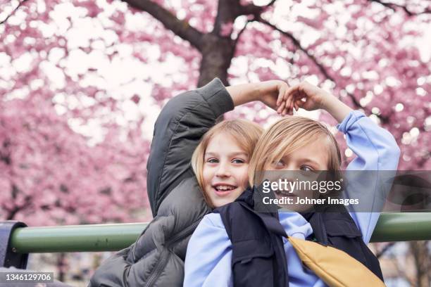 happy girls sitting together - blossom trees stock pictures, royalty-free photos & images