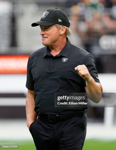 Head coach Jon Gruden of the Las Vegas Raiders walks on the field before a game against the Chicago Bears at Allegiant Stadium on October 10, 2021 in...