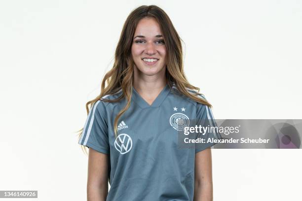 Alia Stolz poses during the U15 girl's Germany team presentation on October 11, 2021 in Kamen, Germany.