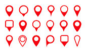 Pin icon for map location. Pointer, marker for gps, geo position and place. Tag or symbol of destination in travel and road. Set of red map point on white background. Sign of navigation. Vector