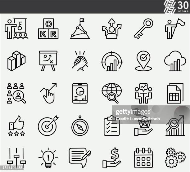 okr , objective key results line icons - attending icon stock illustrations