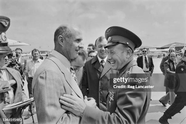 Soviet cosmonaut Alexei Leonov with American astronaut Thomas P. Stafford at the International Paris Air Show at Le Bourget Airport in Paris, France,...