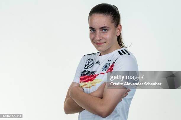 Leonie Koepp poses during the U15 girl's Germany team presentation on October 11, 2021 in Kamen, Germany.