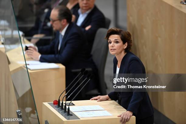 Head of the Austrian Social Democratic Party Pamela Rendi-Wagner speaks during a special session of the Nationalrat, the Austrian parliament, after...