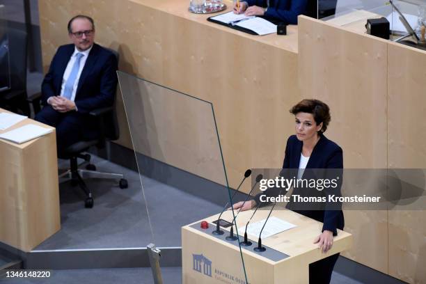 Head of the Austrian Social Democratic Party Pamela Rendi-Wagner speaks as newly appointed Austrian chancellor Alexander Schallenberg watches during...