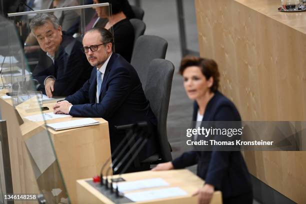 Head of the Austrian Social Democratic Party Pamela Rendi-Wagner speaks as Vice-Chancellor Werner Kogler and newly appointed Austrian chancellor...