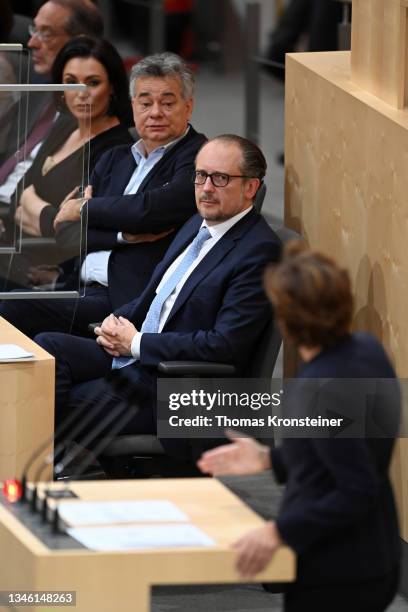 Head of the Austrian Social Democratic Party Pamela Rendi-Wagner speaks as Vice-Chancellor Werner Kogler and newly appointed Austrian chancellor...