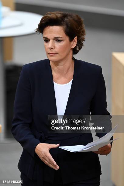 Head of the Austrian Social Democratic Party Pamela Rendi-Wagner leaves the podium after speaking during a special session of the Nationalrat, the...